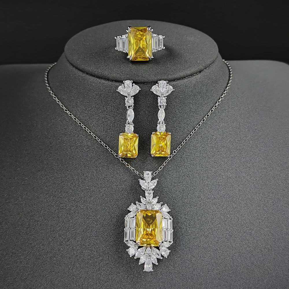 New Luxury Yellow Color Rectangle Jewelry Sets for Women Anniversary Gift Jewelr - £18.81 GBP