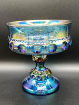 Indiana Glass Pedestal Compote Blue iridescent Kings Crown VTG 1970&#39;s USA - $23.97