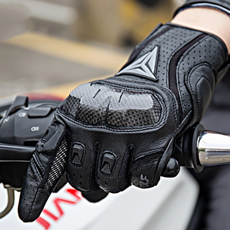 Breathable Leather Motorcycle Gloves Touchscreen Full Finger Seasons Gloves with - £24.66 GBP