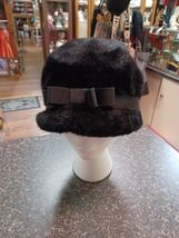 Vintage 1950s Black Fur Cloche Hat Mystere Ribbon Bow Women's Imported - $29.69