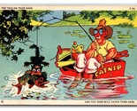 Comic Fisherman Takes HIs Cat Fishing Linen Postcard S1 - $4.90