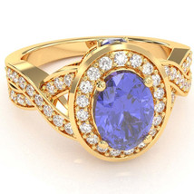 Three Stone Tanzanite Diamond Peekaboo Halo Engagement Ring In 14k Yellow Gold - £798.55 GBP