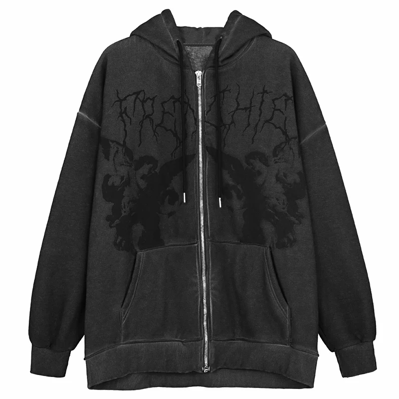 House Home Women Angel Dark Print Hoodies 2021 Autumn Zip Up Long Sleeve Hooded  - £25.79 GBP