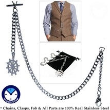 Albert Chain Steel Pocket Watch Chain Men Fob Chain T Bar Wheel Design Fob ACS09 - £18.45 GBP