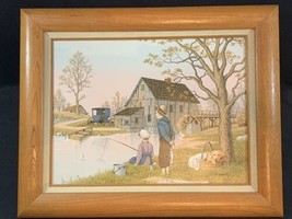 VINTAGE! C. Carson Children Fishing Oil Print Framed Canvas Size 12” X 16” Wood - £39.02 GBP