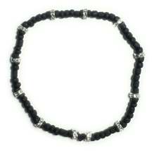 Black Glass Bead Stretchy Anklet with Silver Alloy Spacers and Heart - $5.99