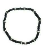 Black Glass Bead Stretchy Anklet with Silver Alloy Spacers and Heart - $8.18 CAD