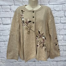 Coldwater Creek Womens Cardigan Sweater Size 2X Beige Bird Branch Embroidered - £31.24 GBP