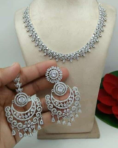 Indian Bollywood Style Silver Plated Delicate CZ Necklace Tikka Jewelry Set - £60.00 GBP