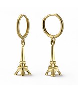 14K Yellow Gold Eiffel Tower Dangle Hoop Earrings Paris 3D Charm Gift - $299.99