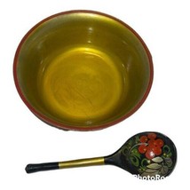 Vintage Russian Folk Art Painted Bowl &amp; Spoon Khokhloma Lacquerware Collectible - £19.43 GBP
