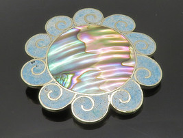 MEXICO 925 Silver - Vintage Abalone &amp; Turquoise Swirl Flower Brooch Pin - BP4839 - £49.71 GBP