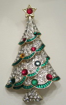 Christmas Tree Brooch Pin Multi Tiered Crystal Red Green Rhinestones - £27.64 GBP