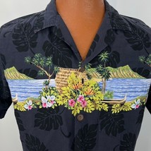 Blue Hawaii Hawaiian Aloha M Shirt Hibiscus Flowers Boat Tiki Hut Orchid Vintage - £35.58 GBP