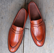 Handmade Men&#39;s Tan Leather Penny Loafer Shoes, Men Designer Formal Dress Shoes - £114.66 GBP