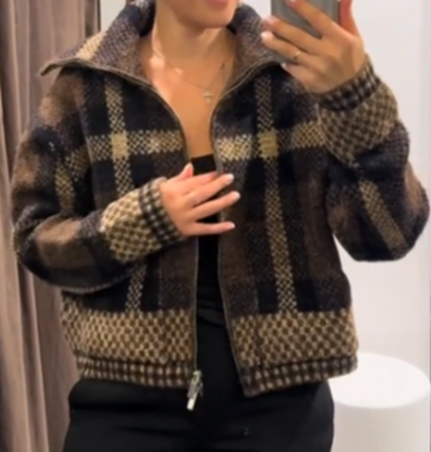 ZARA BNWT 2024. BROWN ECRU CHECKED KNIT BOMBER JACKET. 5802/106