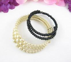 Pair Of Beaded Wrap Bracelets Vintage 3 Faux Pearl &amp; 2 Black Glass Beads - £15.78 GBP