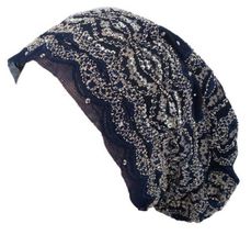 Navy Slouch Beanie Laced Rhinestones Tube Beanie Muslim Hijab Turban Hat - £22.04 GBP