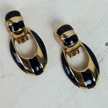 Vintage Estate Navy Blue Gold Tone Clip Statement Earrings 2&quot; - £12.58 GBP