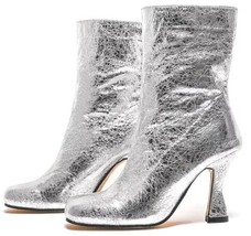 Women&#39;s Shiny Silver Round Toe Slip-On Chelsea Style Ankle Boots US6-9.5 - £50.56 GBP+