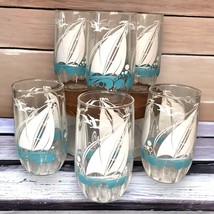 Vintage Sailboats &amp; Seagulls Libbey Clear Drinking Glasses Set/6 MCM Summer Deco - £28.83 GBP