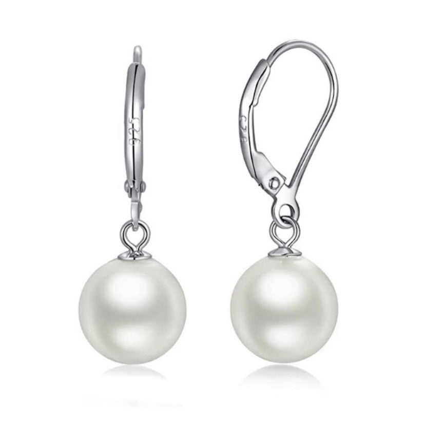 925 Sterling Silver White Pearl Dangle Drop Earrings for Women