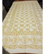 Vtg Handmade Linen Tablecloth with heavy gold embroidery plus 9 napkins ... - £98.29 GBP