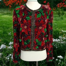 Laurence Kazar Silk Poinsettia Jacket PL  Blazer Sequin Encrusted Vintage 90s  - £118.26 GBP