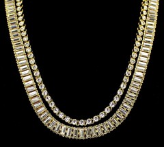  2pc Chain Set 14k Gold Plated Baguette Round 1 Row Link CZ Necklaces  - £29.48 GBP