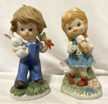Figurines Boy w/ Rabbit Girl w/Ice Cream Fine Porcelain Statues Gifts Vintage 5&quot; - £11.86 GBP