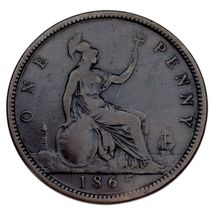 1865 Great Britain Penny VF Condition KM #794.2 Rim Bump on Rx - $68.59