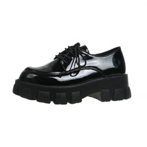 Black Patent Leather Platform Shoes Women Lace Up Chunky Heels Woman Japanese St - £38.33 GBP
