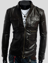 Black Fashion Leather Jacket With Four Pockets Front Zipper Shoulder Epa... - $2,546.82 MXN