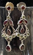 Artisan Design Sterling Silver 925 5 Peridot &amp; 5 Garnet Stones Dangle Earrings - $28.71