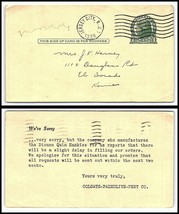 1938 US Postal Card-Colgate Palmolive Co, Jersey City, NJ to El Dorado,K... - $2.96