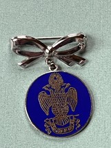 Vintage Small Silvertone Ribbon Bow w Blue Enamel Eagle Disk Dangle Brooch Pin - - £8.48 GBP