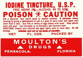 1 Antique Pharmacy Label Iodine Tincture U.S.P Poison Moulton&#39;s Drugs Pensacola - £20.23 GBP