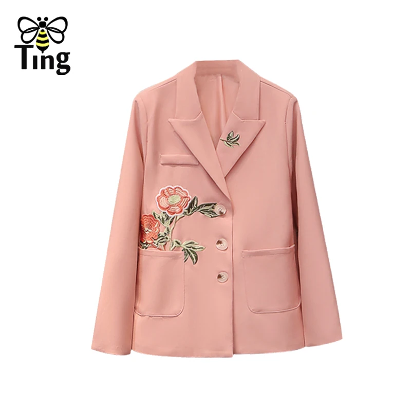 Tingfly  Spring Autumn  Pink Color Flower Embroidery Blazer Coats Women Casual S - £127.66 GBP