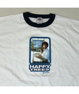 Vintage Y2K Bob Ross Happy Trees Painting White Navy Ringer T-Shirt Mens XL - $27.15 CAD