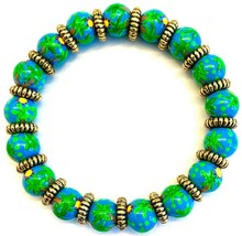 NEW Angela Moore Green &amp; Blue with Yellow Sunflowers Beads Stretch Bracelet - $29.99