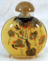 Reverse Painted Glass Snuff Bottle Leaves Flowers and Honey Bees Signed - £51.66 GBP