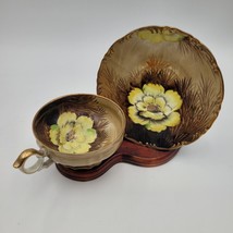 Saji Wild Cactus Yellow Flower Brown Tea Cup Saucer Made in Japan Hand P... - $14.84