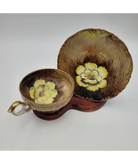 Saji Wild Cactus Yellow Flower Brown Tea Cup Saucer Made in Japan Hand P... - $20.33 CAD
