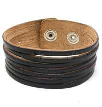 Black Leather Snap Button Bracelet With Stripes Design - Choose Size - £7.82 GBP+