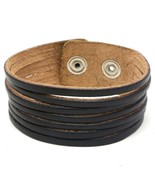 Black Leather Snap Button Bracelet With Stripes Design - Choose Size - $13.57 CAD+