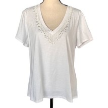 INC 0X-Large Top V-Neck Cap Sleeve Burnout Beaded Fringe Stretch Burnout White - £17.98 GBP