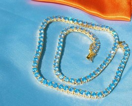 Round 24Ct Simulated Blue Topaz Tennis Necklace Gold Plated925 Silver - £228.95 GBP