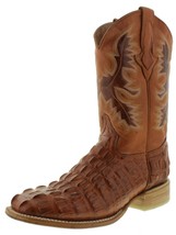 Mens Cowboy Boots Cognac Crocodile Tail Print Leather Square Toe - £76.61 GBP