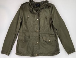 Love Tree Jacket Medium Green Distressed Casual Utility Cargo Hooded Snap On  - £23.65 GBP