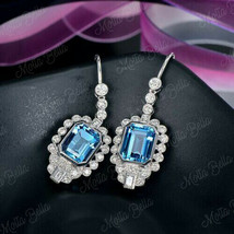 4.20Ct Emerald Cut Blue Topaz Drop Dangle Stud Earrings In 14K White Gold Finish - £86.12 GBP